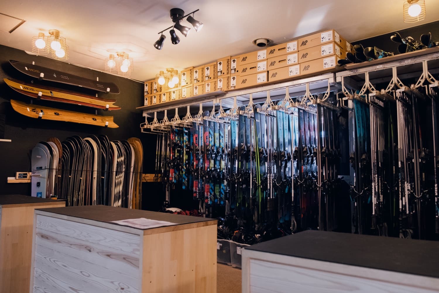 Inside the Chill Madarao shop showing skis, boards and bench seating